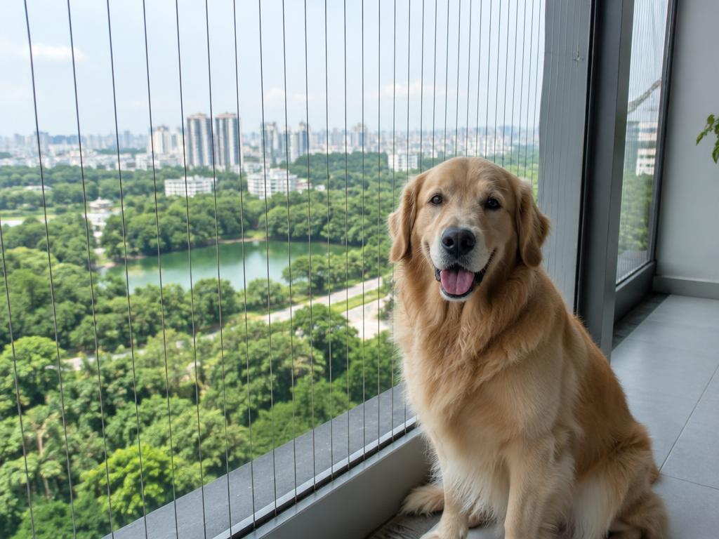 Golden retriever sitting on a balcony protected by invisible grill cables